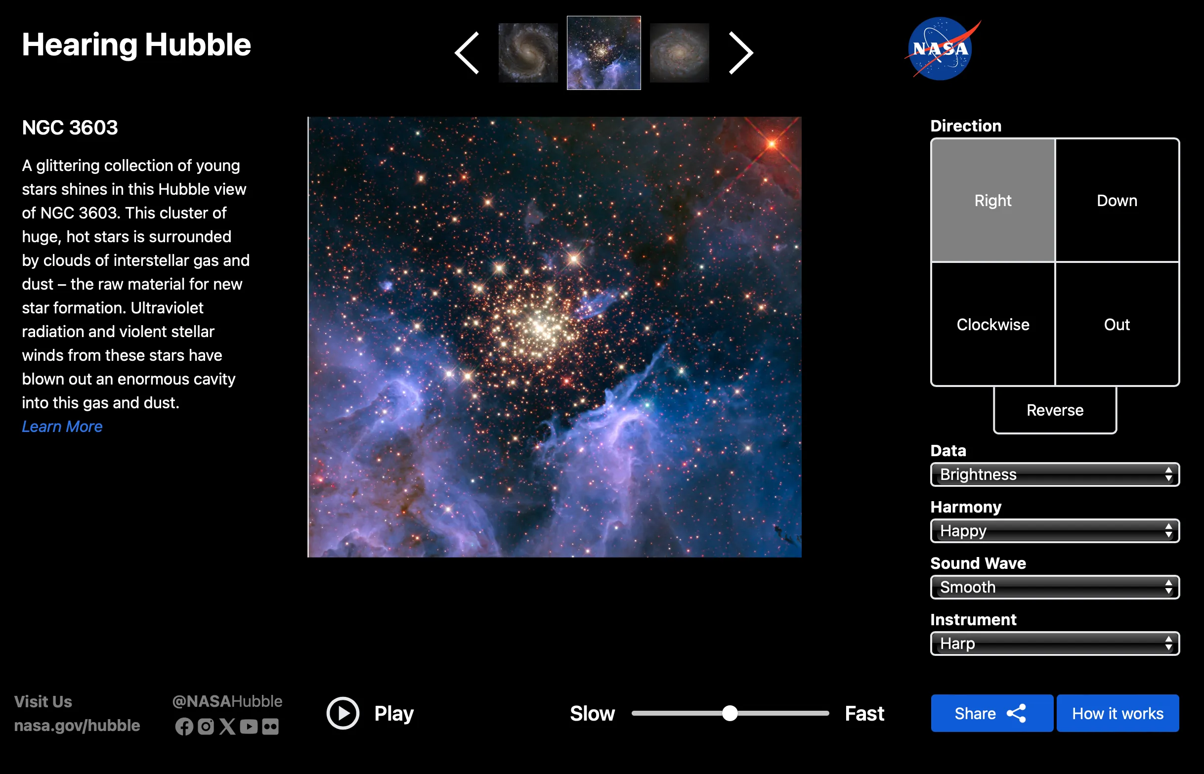 Screenhost of the Hearing Hubble app showing a Hubble image and various controls.