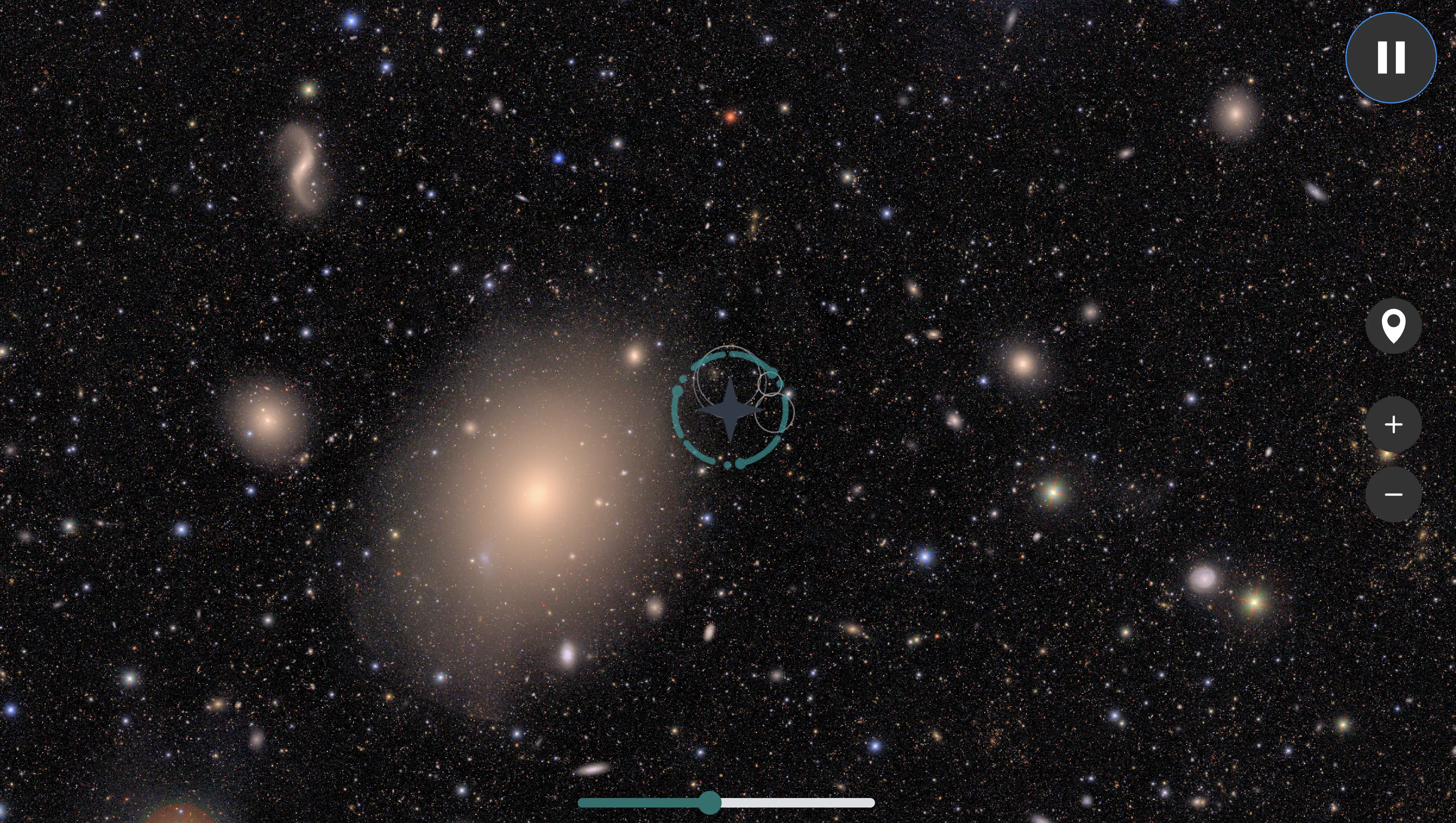 A scrren shot of Skysynth showing a deep space image with a target circle in the center and UI buttons on the right side.