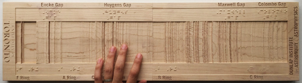 A wood carving of Saturn's main ring system designed for the visually impaired and crafted by James Sommerville Edgar. They will be able to feel many complex structures within the rings while also listening to their audio form. (Credit: SYSTEM Sounds/Dunlap Institute for Astronomy and Astrophysics)