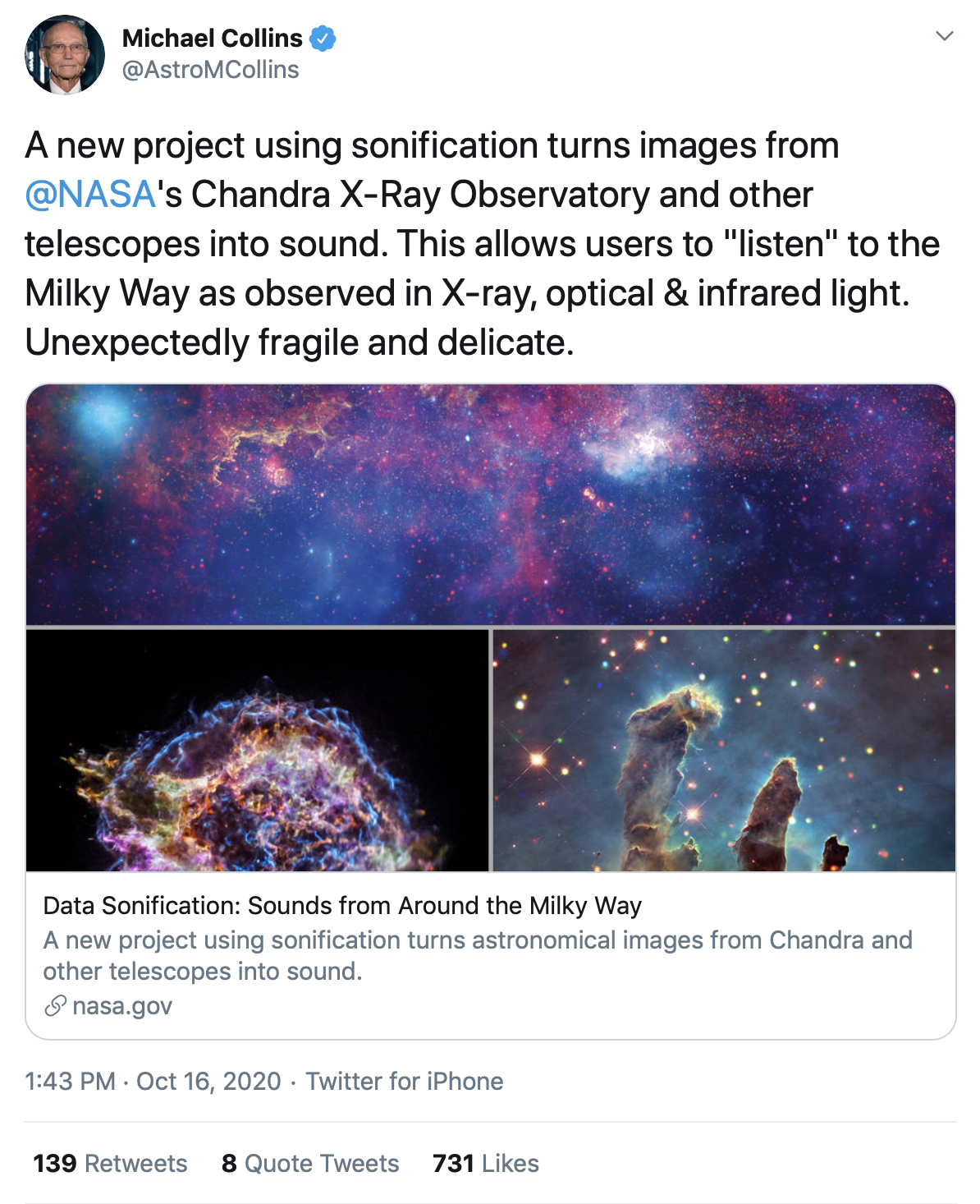 Screenshot of Michael Collins sharing the Chandra sonification project on twitter.